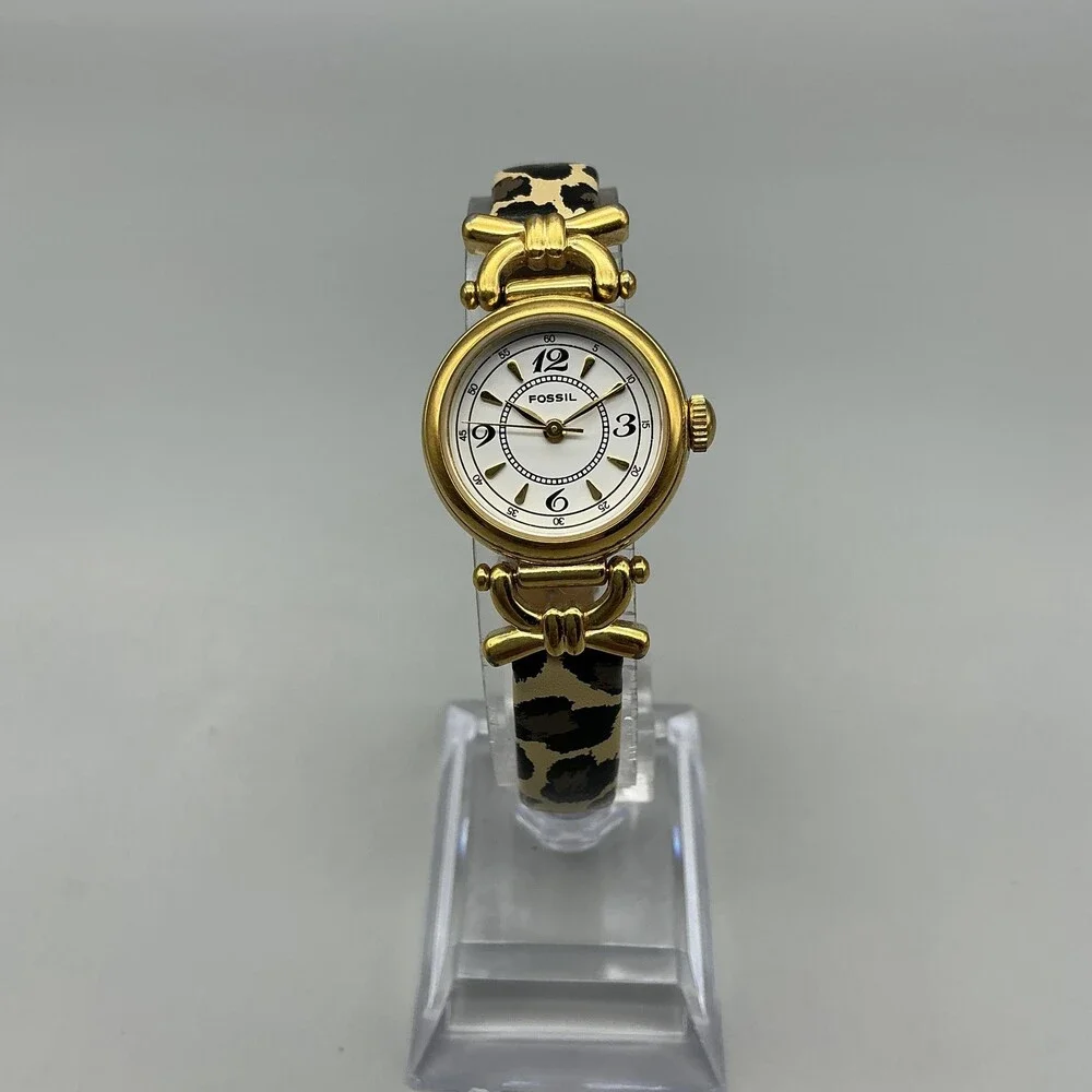 Fossil Womens Watch 23mm White Dial Gold Tone Leopard Leather Band New Battery